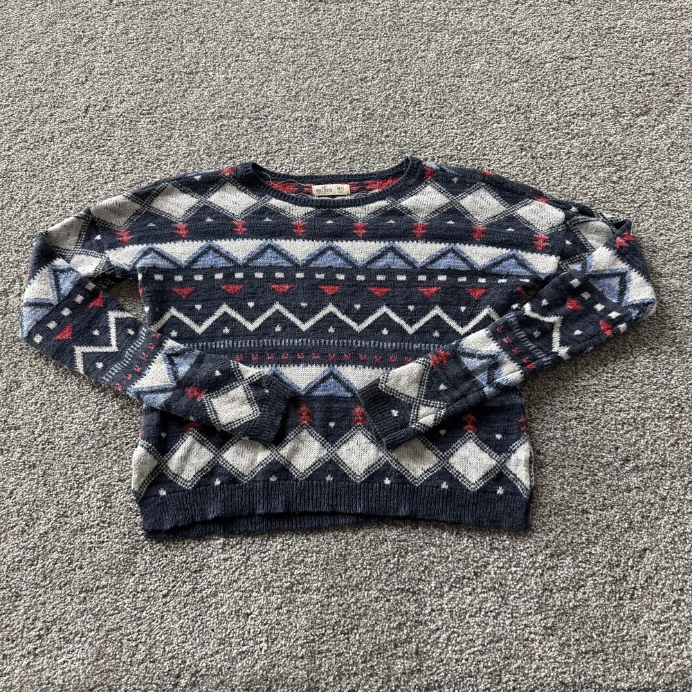 Hollister Sweater Womens M/L Blue Fair Isle Crew Neck Tight-Knit Pullover